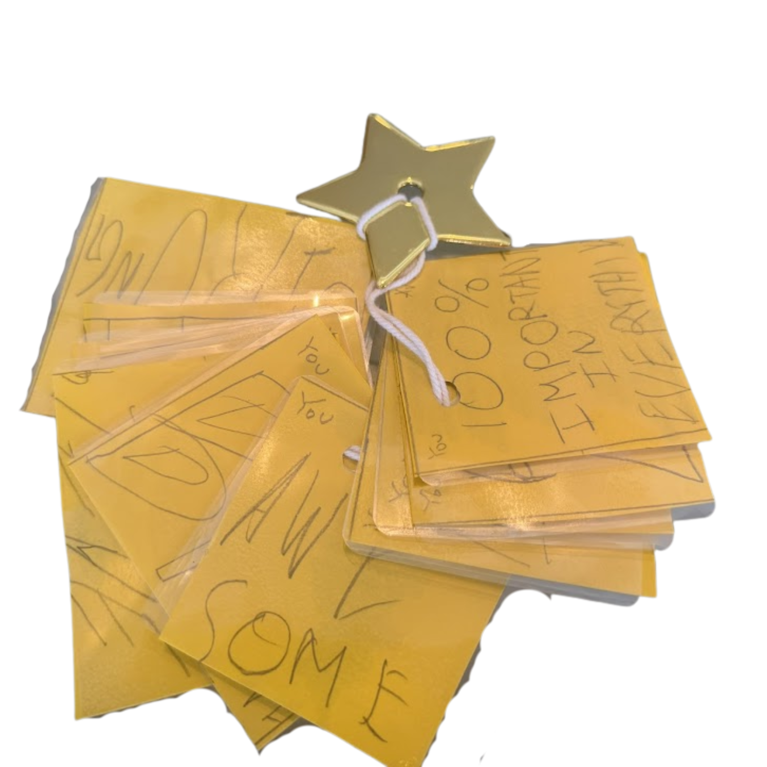 Handmade gold star affirmation tags Jai gave his mum for her 40th birthday