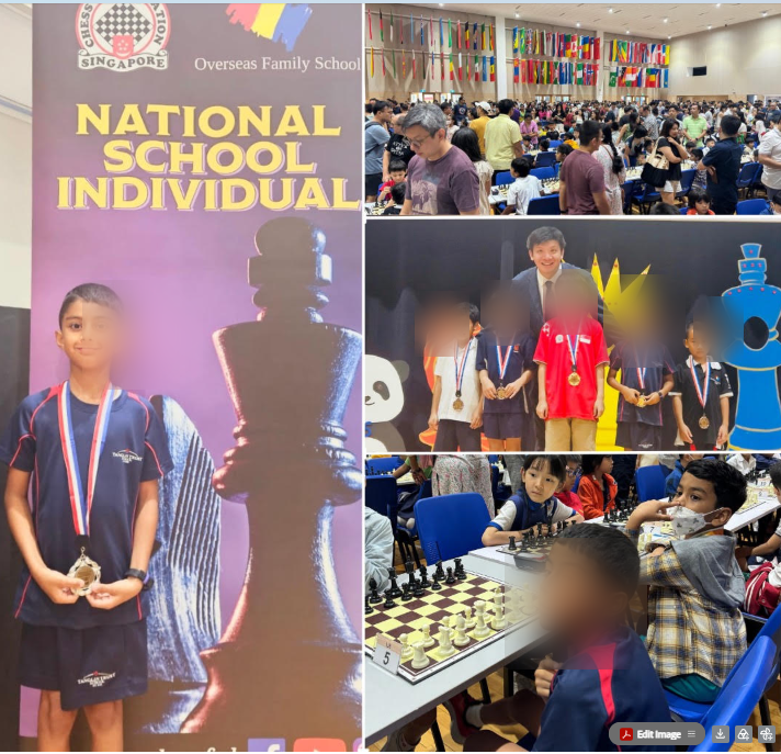 Jai at the Singapore National Schools Individual Chess Championship, March 2024, with his Silver Medal and playing at the tournament